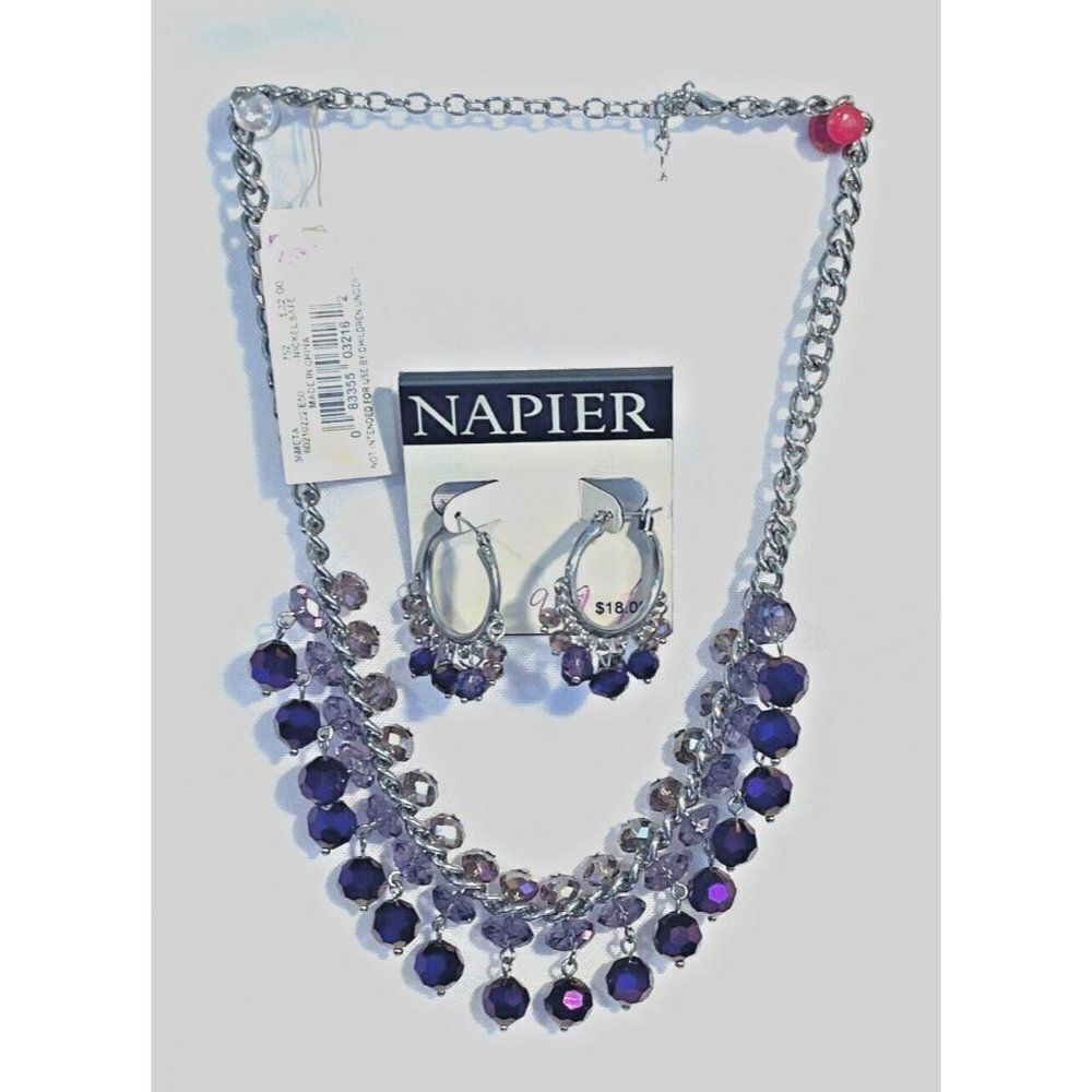 Napier Necklace and earrings set Sivertone Purple glass beads